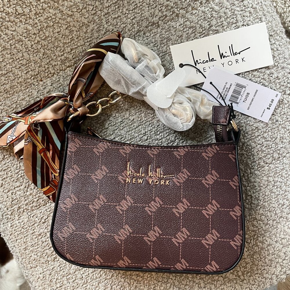 Nicole Miller Brown Monogram Gold Chain Shoulder Crossbody Bag Purse w/ Scarf